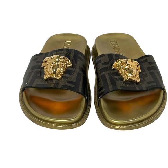 VERSACE x FENDI FENDACE Size EU 35 Slip On Pool Slide Vitello Calf Leather Gold - Picture 2 of 15